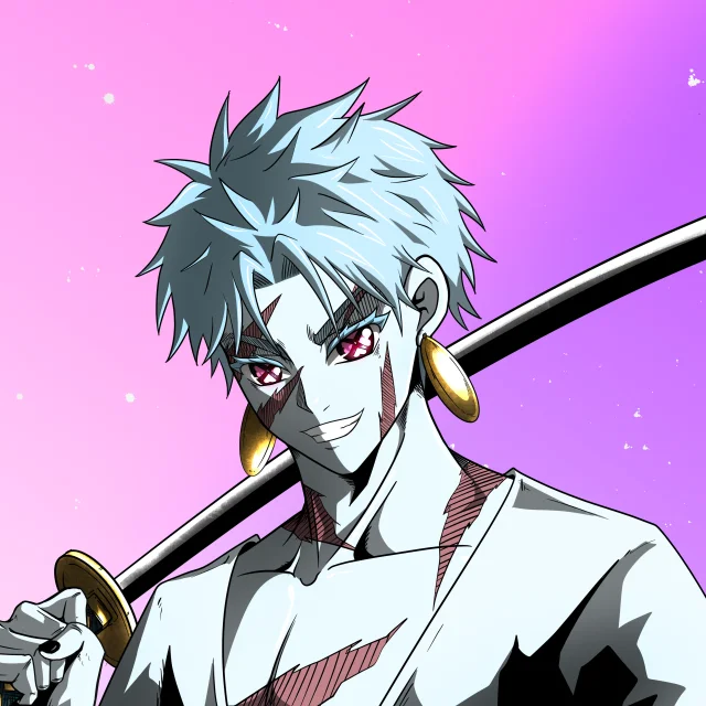ALIEN #344. Illustration du NFT Alienzone. Eyes: Shinmoku; Hair: Sanzoku; Mark: Fushô.