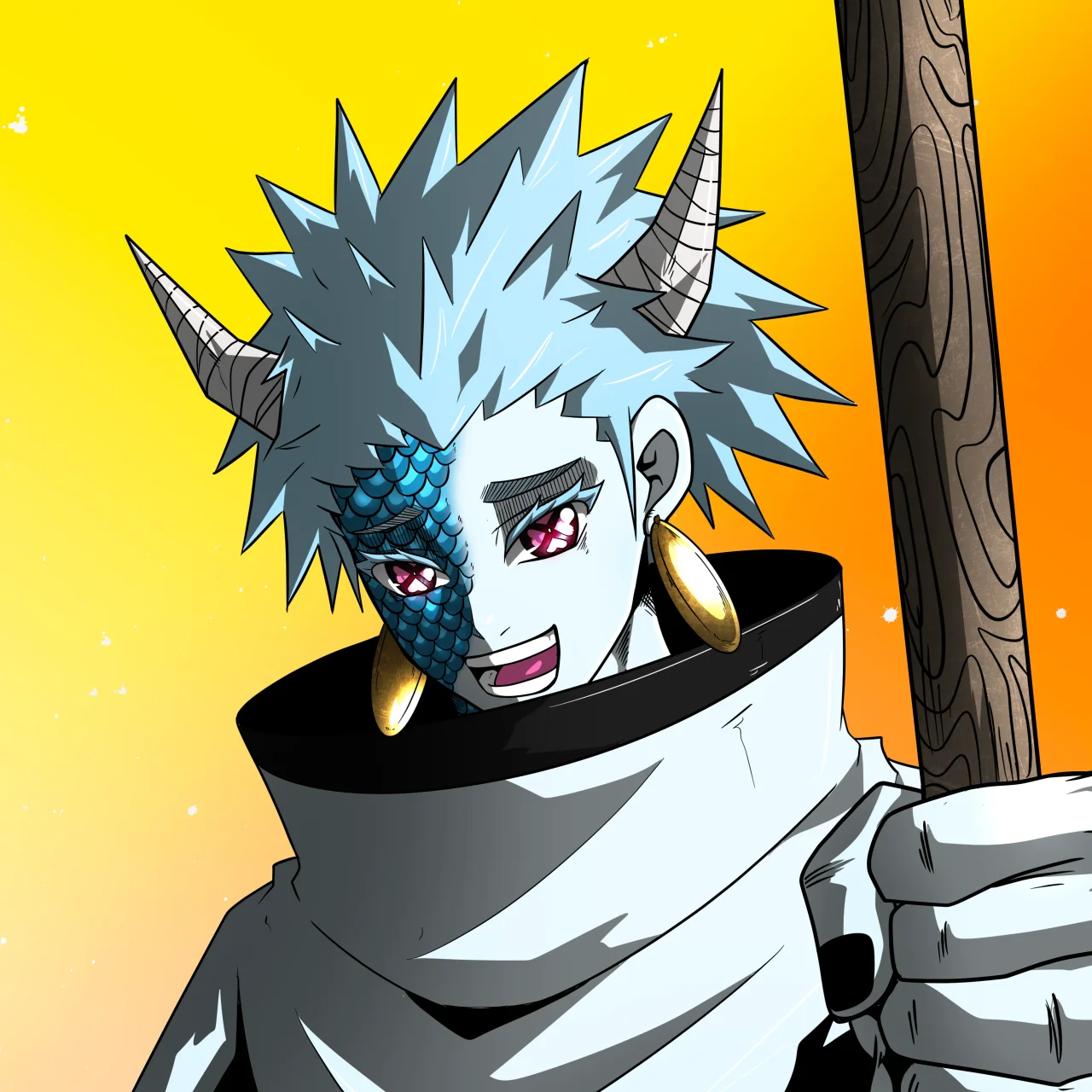 ALIEN #35. Illustration du NFT Alienzone. Eyes: Shinmoku; Hair: Hôkaben; Mark: Shinrin.