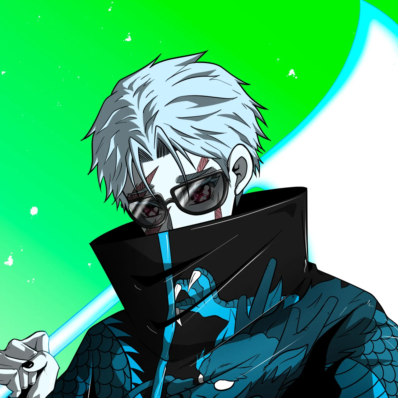 ALIEN #420. Illustration du NFT Alienzone. Eyes: Shinmoku; Hair: Ikemen; Mark: Fushô.