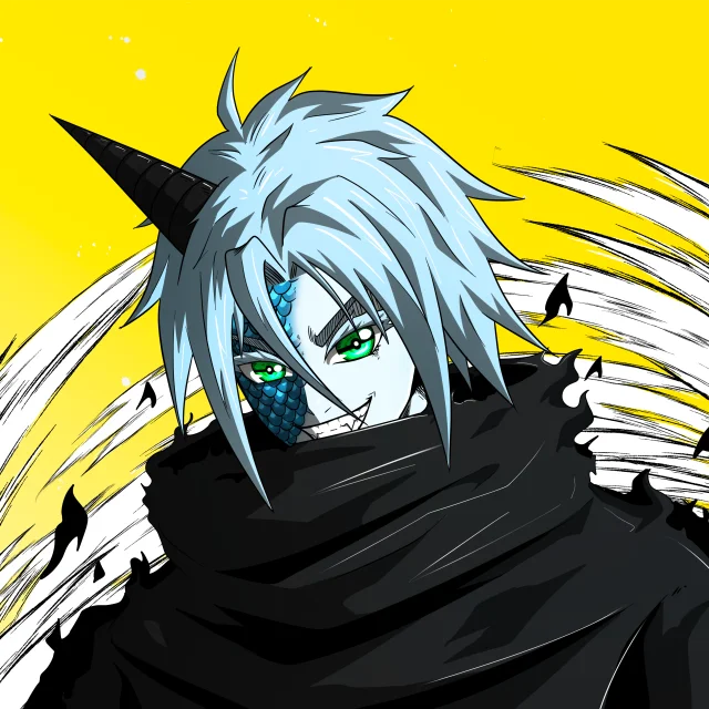 ALIEN #454. Illustration du NFT Alienzone. Eyes: Kôhaimoku; Hair: Anben; Mark: Shinrin.