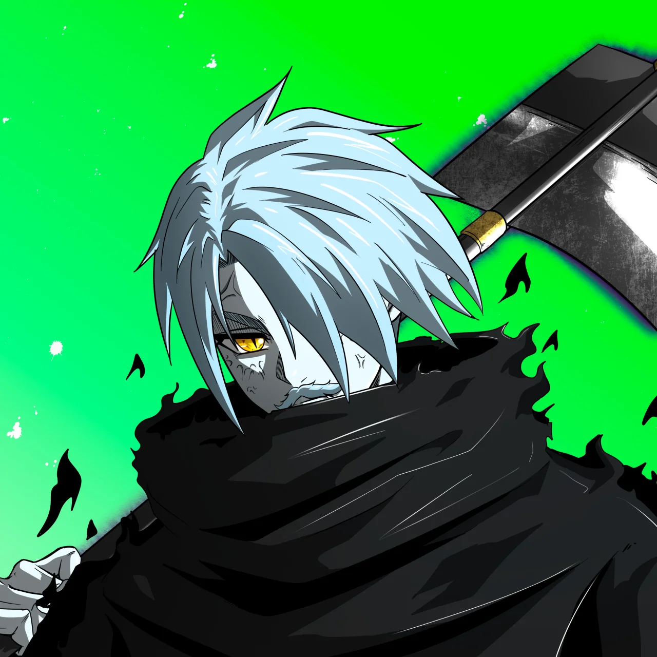 ALIEN #527. Illustration du NFT Alienzone. Eyes: Ryôshi; Hair: Hidarime; Mark: Kekkan.