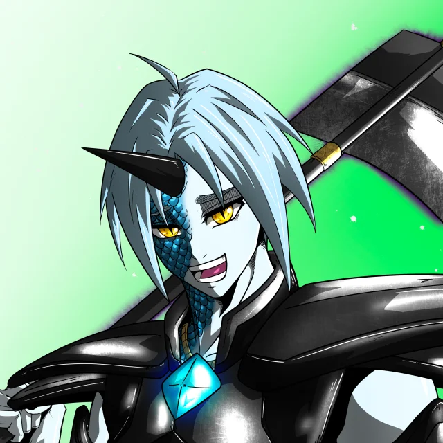 ALIEN #557. Illustration du NFT Alienzone. Eyes: Ryôshi; Hair: Ikkakujû; Mark: Shinrin.