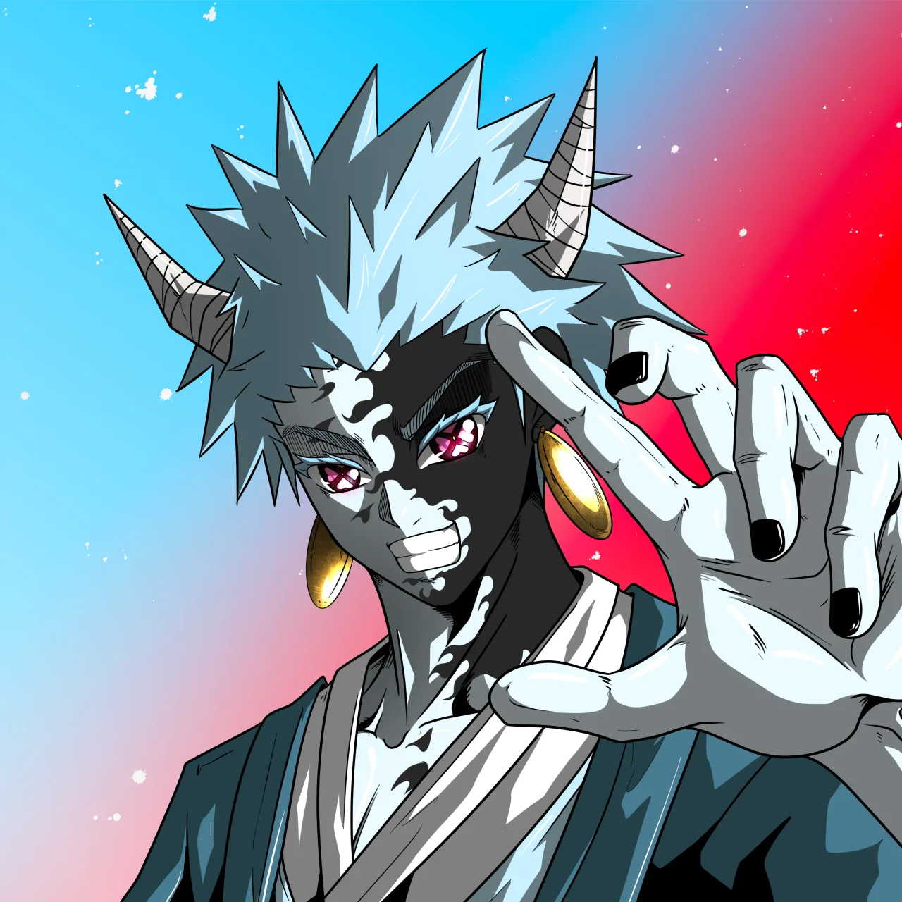 ALIEN #599. Illustration du NFT Alienzone. Eyes: Shinmoku; Hair: Hôkaben; Mark: Bachiadari.