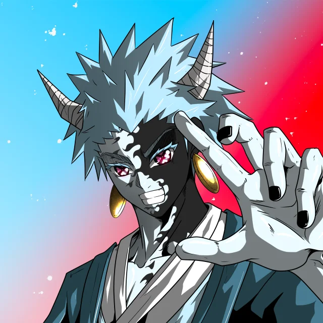 ALIEN #599. Illustration du NFT Alienzone. Eyes: Shinmoku; Hair: Hôkaben; Mark: Bachiadari.
