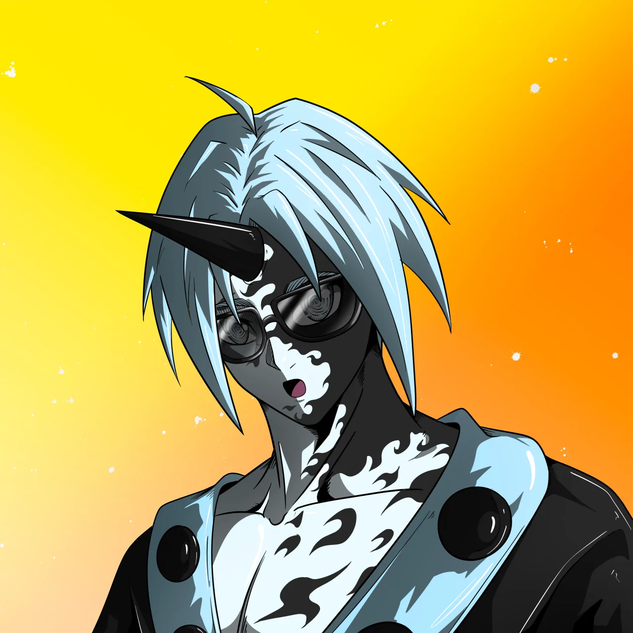 ALIEN #601. Illustration du NFT Alienzone. Eyes: Konran; Hair: Ikkakujû; Mark: Bachiadari.
