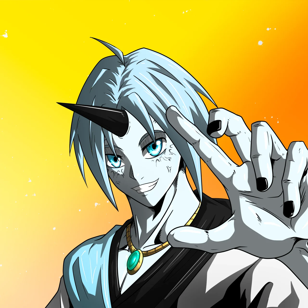 ALIEN #605. Illustration du NFT Alienzone. Eyes: Sêmoku; Hair: Ikkakujû; Mark: Kekkan.