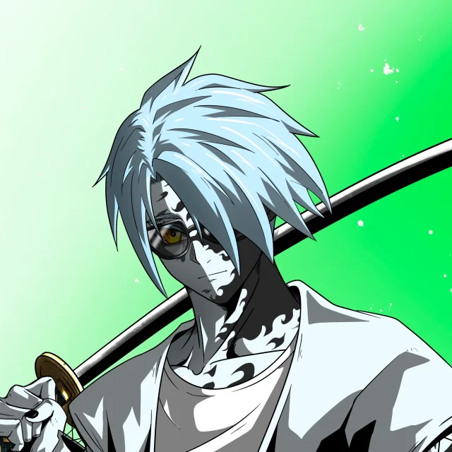 ALIEN #613. Illustration du NFT Alienzone. Eyes: Furukizu; Hair: Hidarime; Mark: Bachiadari.
