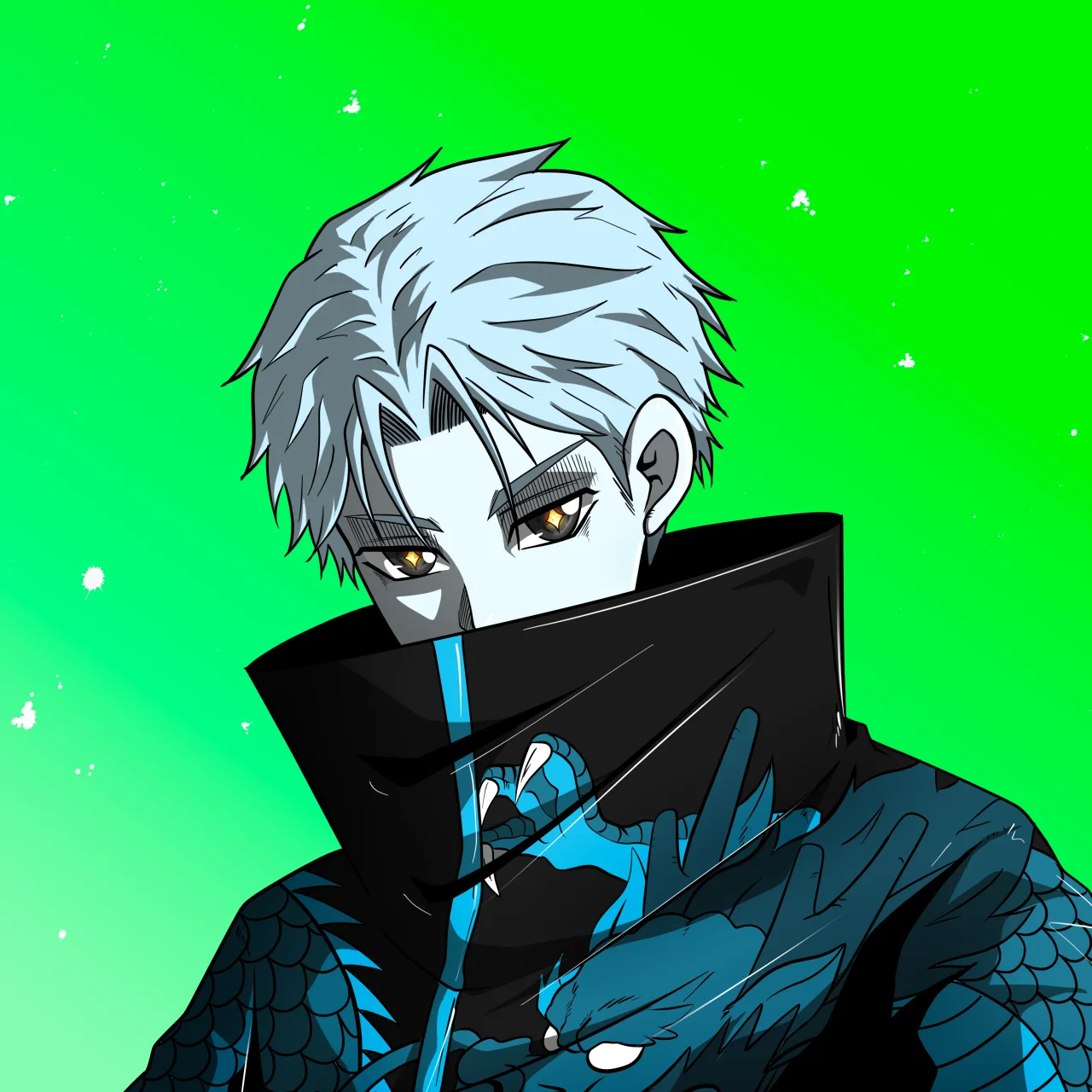 ALIEN #619. Illustration du NFT Alienzone. Eyes: Myôri; Hair: Ikemen; Mark: None.