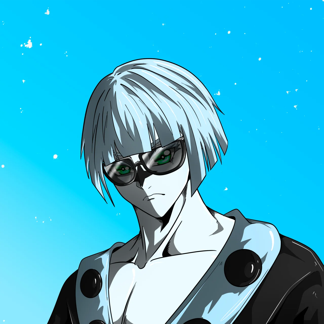 ALIEN #63. Illustration du NFT Alienzone. Eyes: Kôhaimoku; Hair: Taregami; Mark: Seikoku.