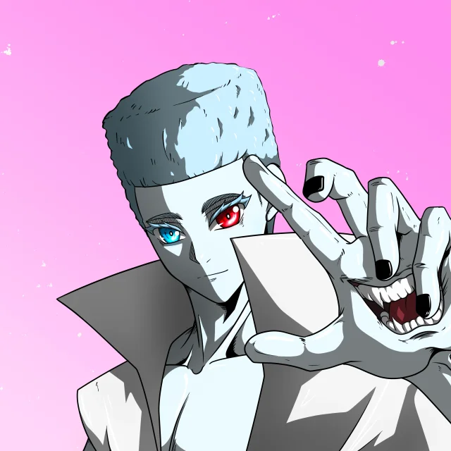 ALIEN #643. Illustration du NFT Alienzone. Eyes: Kôsaiishoku; Hair: Shikakui; Mark: None.