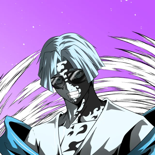 ALIEN #677. Illustration du NFT Alienzone. Eyes: Jûtenteki; Hair: Zenbatsu; Mark: Bachiadari.