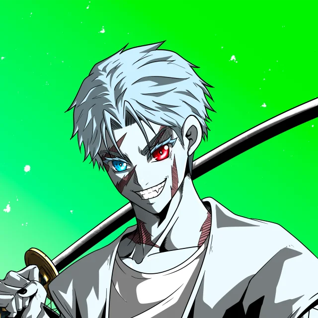 ALIEN #761. Illustration du NFT Alienzone. Eyes: Kôsaiishoku; Hair: Ikemen; Mark: Fushô.