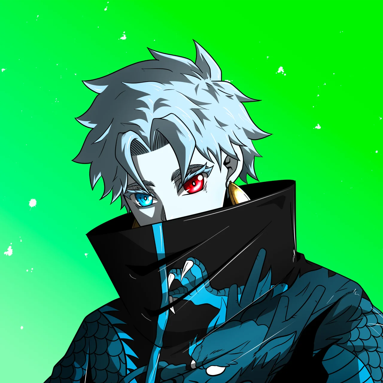 ALIEN #79. Illustration du NFT Alienzone. Eyes: Kôsaiishoku; Hair: Hankôteki; Mark: None.