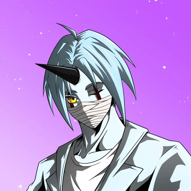 ALIEN #818. Illustration du NFT Alienzone. Eyes: Furukizu; Hair: Ikkakujû; Mark: Yaban.