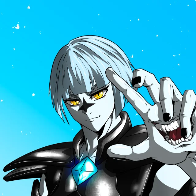 ALIEN #829. Illustration du NFT Alienzone. Eyes: Ryôshi; Hair: Taregami; Mark: Seikoku.