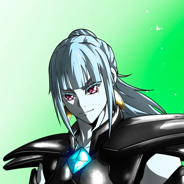 ALIEN #842. Illustration du NFT Alienzone. Eyes: Shinmoku; Hair: Kêkan II; Mark: None.