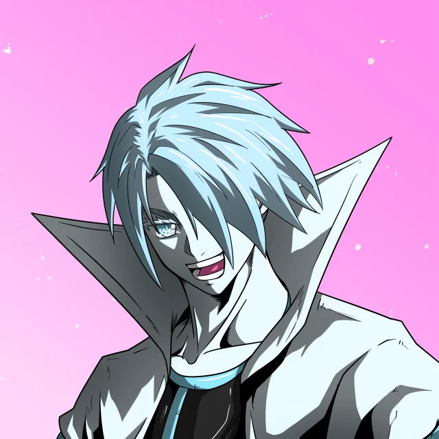 ALIEN #856. Illustration du NFT Alienzone. Eyes: Jûtenteki; Hair: Hidarime; Mark: None.