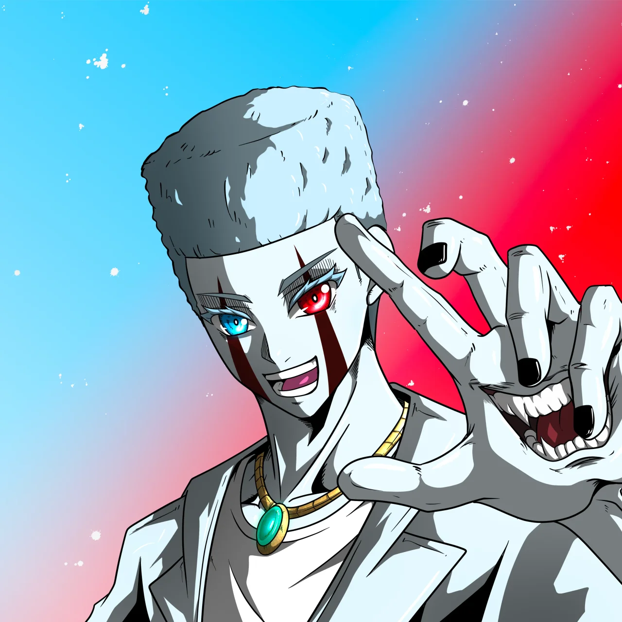 ALIEN #882. Alienzone digital collectible artwork. Eyes: Kôsaiishoku; Hair: Shikakui; Mark: Yaban.
