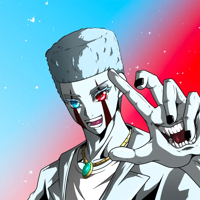 ALIEN #882. Alienzone digital collectible artwork. Eyes: Kôsaiishoku; Hair: Shikakui; Mark: Yaban.